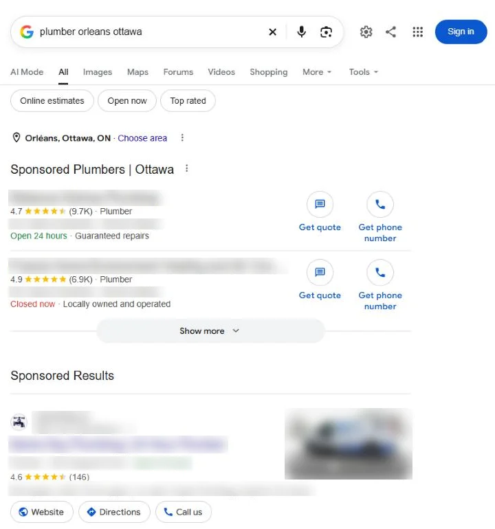 Google results for plumber orleans ottawa: sponsored plumber listings and sponsored results at the top of the page, business names blurred