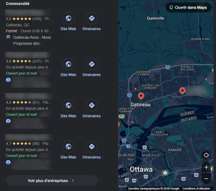 Google results in French for plombier gatineau: the map box with plumbers in Gatineau and a map covering both Gatineau and Ottawa, business names blurred