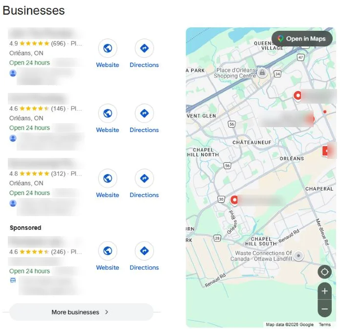 The map box further down the same results page: three businesses in Orléans with ratings and a sponsored fourth, business names blurred