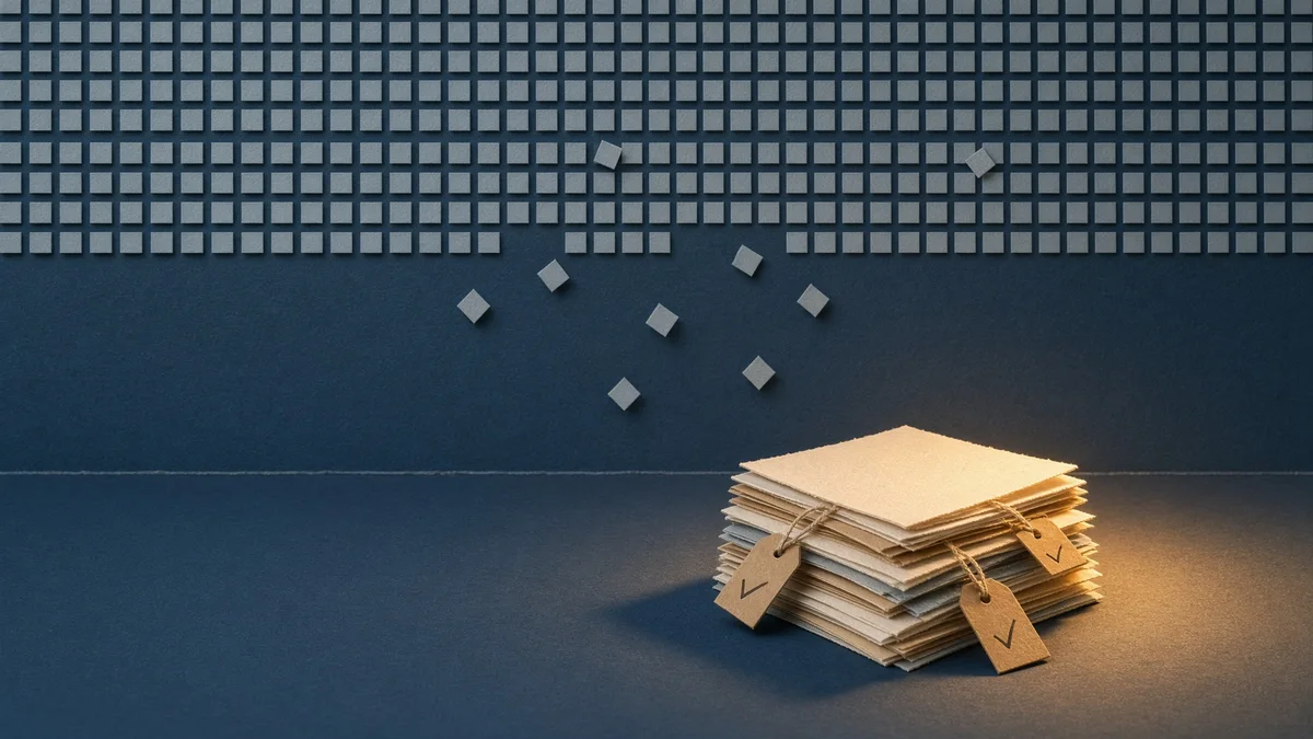 Paper-craft illustration: a wall of hundreds of identical grey squares, a few falling away, and below it a small stack of cream cards with tags and check marks in a warm light.