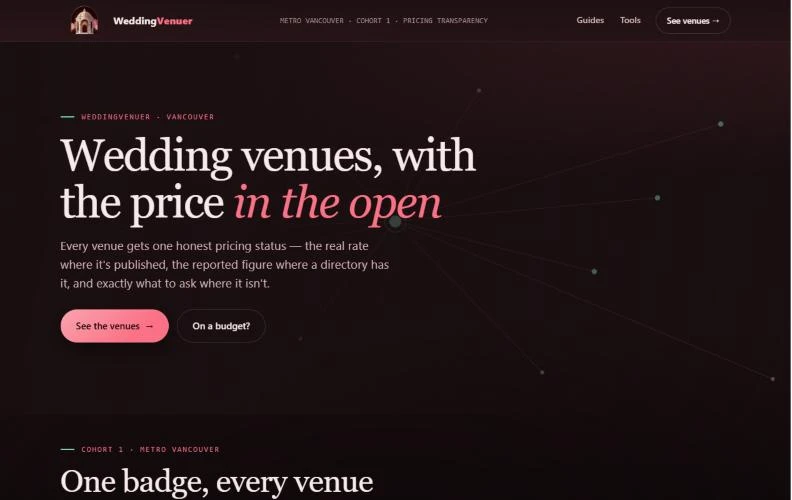 WeddingVenuer homepage: Wedding venues, with the price in the open. Every venue gets one honest pricing status.